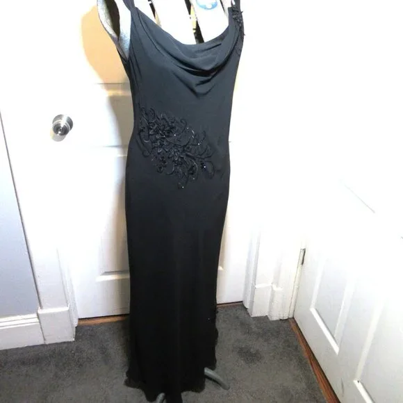 Adrianna Papell Black Chiffon Gown Floral Applique Beads EUC Whimsigoth Cowl - Picture 8 of 16